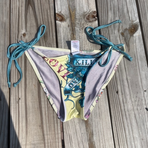 Ed Hardy “Love Kills” Yellow and Blue Bikini Bottoms - Picture 1 of 6